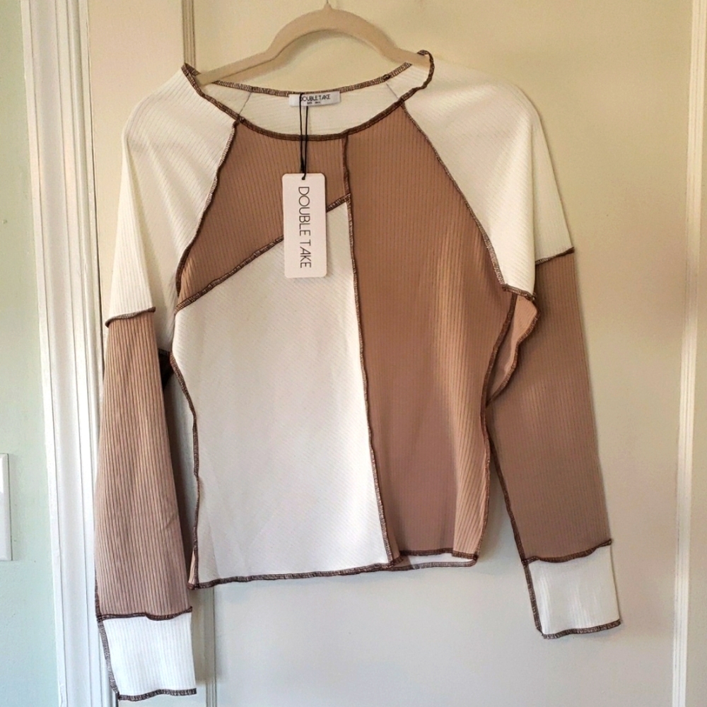 Women's Colorblock Top - White and Tan Size Small